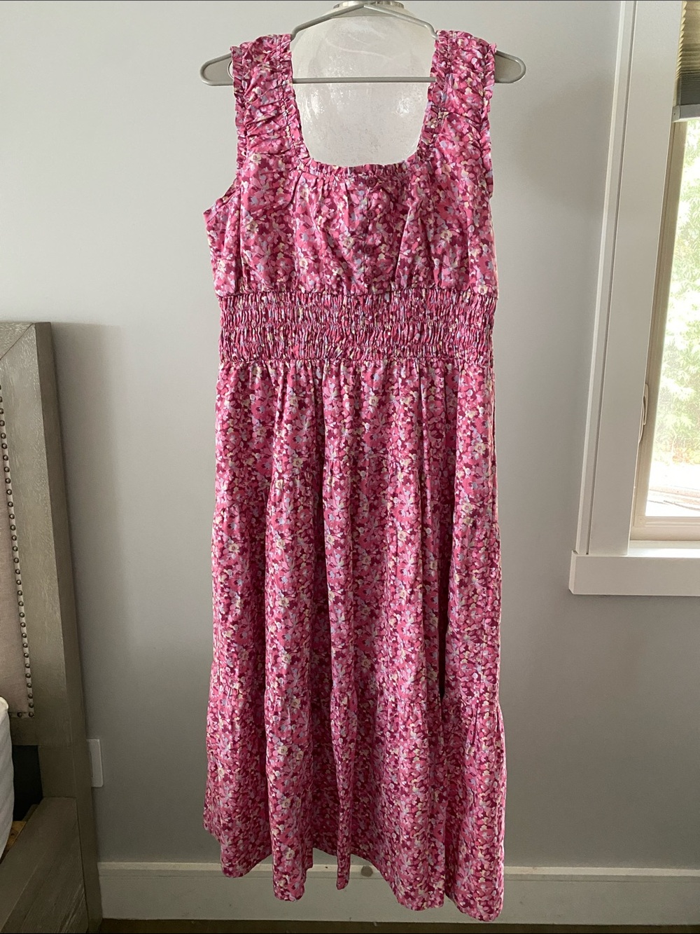 Universal Thread Pink Floral Midi Dress with Smocked Waist